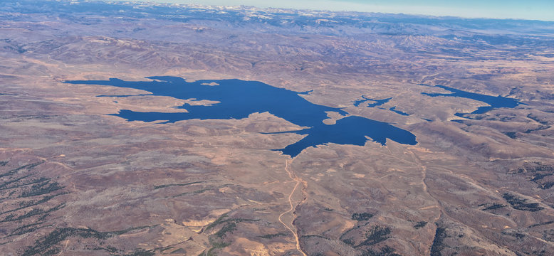 Strawberry Reservoir Bay lake aerial drone view from airplane in Fall by Daniels Summit between Heber and Duchesne in the Uintah Basin, Utah, United States of America, USA.