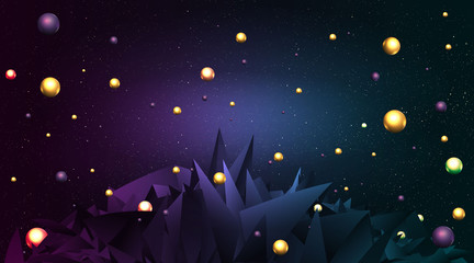 Low poly elegant triangles  background with golden metal spheres,