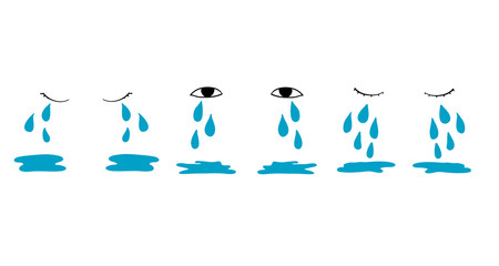 Cartoon tear drops and puddles set. Sorrow weeping cry streams, tear blob or sweat drop. eyes tears or rain droplets hand drawn style isolated