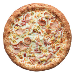 Hot fresh baked Italian pizza isolated on white background. Top view, flat lay