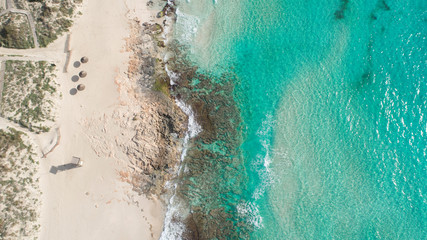 Formentera beach from above with a turquoise and crystalline sea