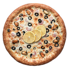 Hot fresh baked Italian pizza isolated on white background. Top view, flat lay