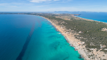 Fototapeta na wymiar formentera beach seen from drone with turquoise, crystalline sea, trees and Ibiza in the background