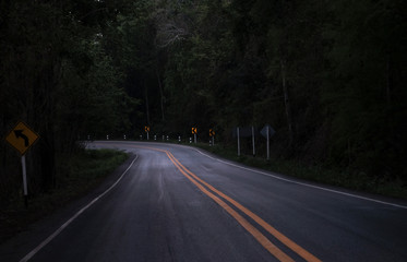 Road on the dark view on the mountain road among green forest trees - curve asphalt road lonely scary at night © Bigc Studio
