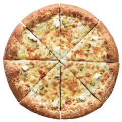 Hot fresh baked Italian pizza isolated on white background. Top view, flat lay