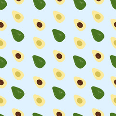 Seamless pattern with flat cartoon avocadoes on a blue background.