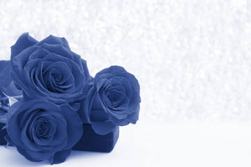 Three Roses greeting card toned trendy classic blue color of year 2020. copy space - Valentines and 8 March Mother Women's Day concept.