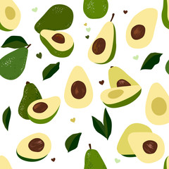 Seamless vector pattern with green avocados, leaves and hearts isolated on a white background in flat cartoon style