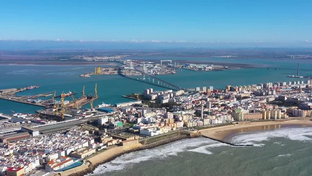 Cadiz aerial shot beach and Bay of Cadiz Puerto Real or Pepa bridge Spain