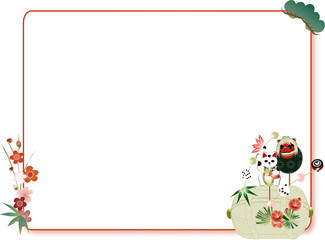 招き猫と獅子舞の俵飾りのイラストお知らせご案内テンプレートメッセージボード素材