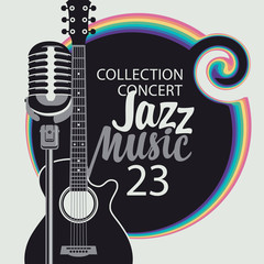 Vector music poster with guitar, microphone and calligraphic inscription Jazz music. Suitable for banners, flyers, cards, brochures, invitations, covers