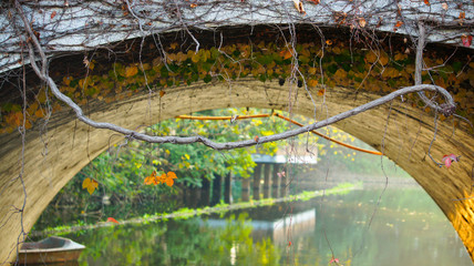 Arch bridge closeup on lake in autumn.