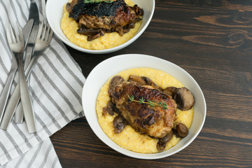 Braised Chicken Thighs with Mushrooms and Creamy Polenta
