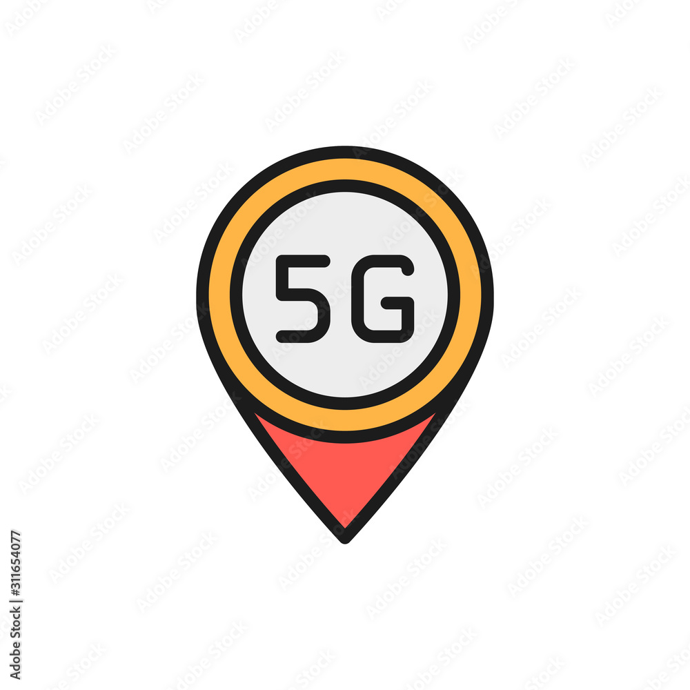 Poster vector 5g internet location mark flat color line icon.
