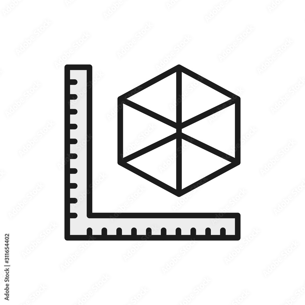Poster sizes of 3 dimensional model products, 3d modeling flat color line icon.