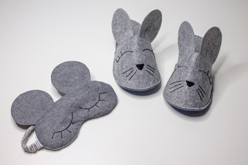 DIY gift for the new year, slippers of a mouse, elastic band for hair, mask for sleeping. Symbol of 2020.