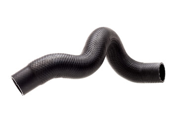 radiator pipe made of black hard rubber with bends, new car spare part isolated on white background.