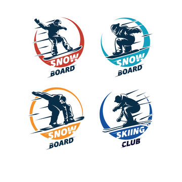 Set Of Winter Sport Logo. Snowboarding Logo Design Template