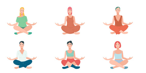 Group of women performing yoga exercise. Female cartoon character sitting in lotus posture and meditating vipassana meditation.