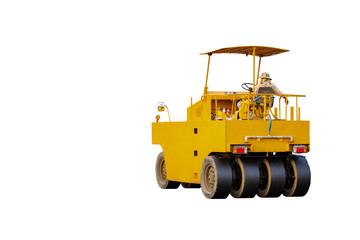 Driver control motor vehicle or heavy roller wheel tires or steamroller for road making or street - highway construction isolated on white back ground with clipping path