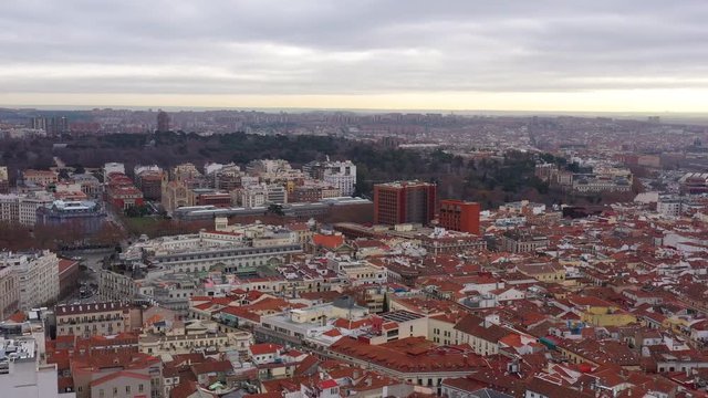 Madrid Spain winter sunrise aerial parque del retiro and city center 