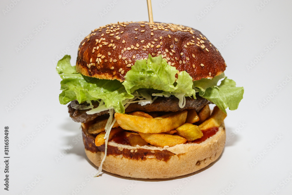 Wall mural hamburger on white background