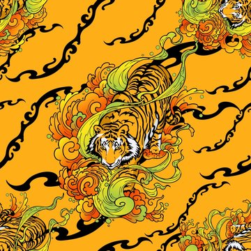 tiger walk in cloud illustration doodle tattoo style seamless pattern vector with orange yellow mandala background 