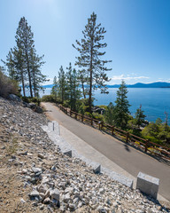 USA, Nevada, Washoe County, Incline Village. The newly opened East Shore Trail bike path with...