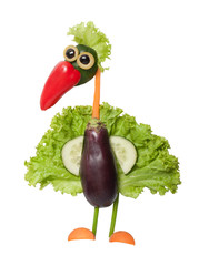 Funny peacock made with eggplant and salad