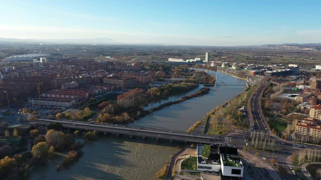La almozara neighbourhood Zaragoza Spain aerial view sunny day Ebro river 