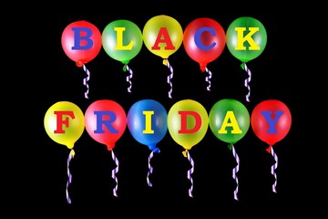 black Friday. Signboard, advertising sales. Shopping in discount stores at competitive prices. The letters of the alphabet on colorful latex balloons. Colors-green, yellow, red, blue