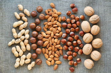 Various nuts on a textile background 