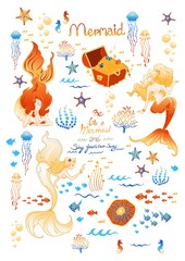 mermaid and marine or under ocean fantasy golden color concept illustration doodle sticker vector  set with whit background 