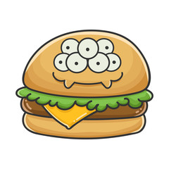 Monster smiling cheese burger cartoon illustration