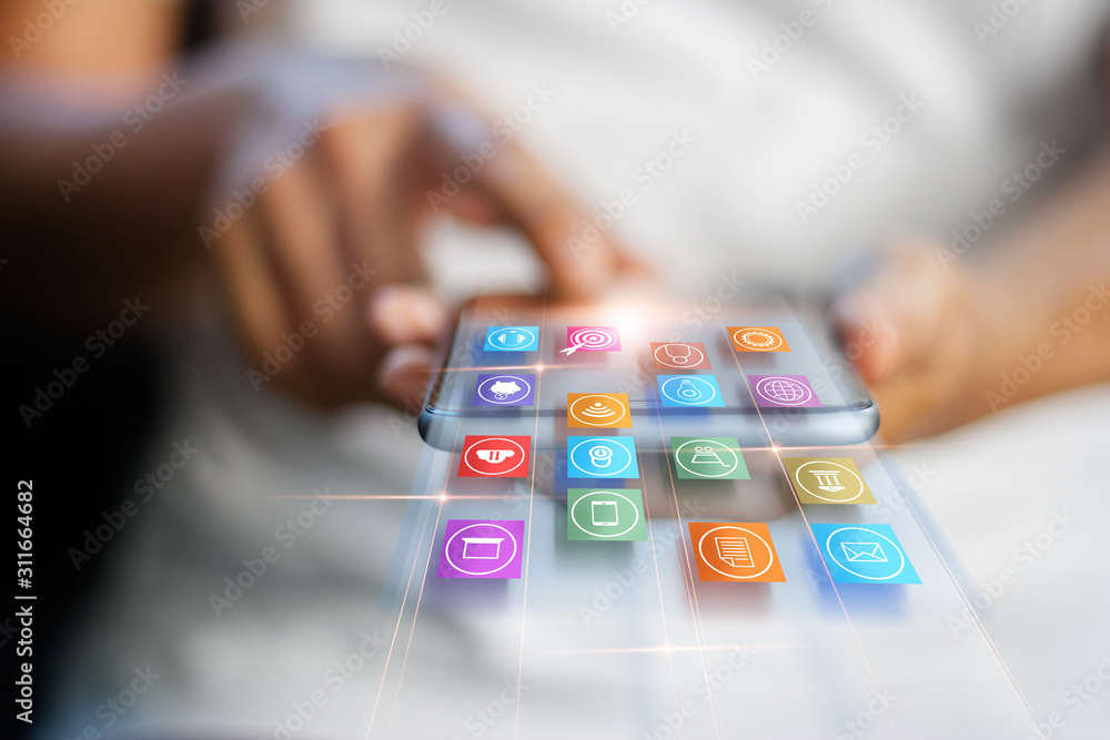 Aufkleber hands using mobile payments, digital marketing, banking network. online shopping and icon customer n