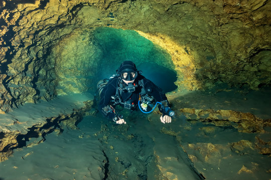 Cave Diving In The Cross Under Tunnel At Madison Blue Spring State Park, Madison County, Florida