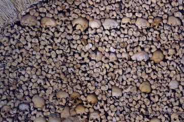 Wall made with bones in The Chapel of Bones in Evora, Alentejo, Portugal