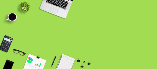 Top view office desk and supplies, with copy space. Creative flat lay photo of workspace desk -...