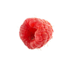 Collection of ripe red raspberries on white background.