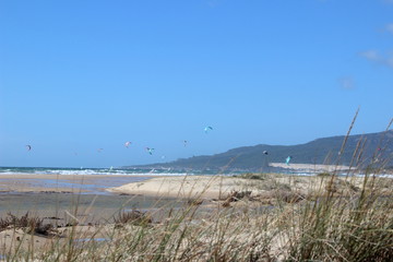 Tariffa beach with kitesurfers and blue sky