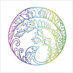 Color illustration of a bird inscribed in a circle in vintage style. Bird and plant motifs. The idea for a tattoo.