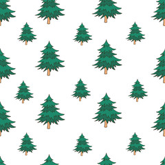Vector seamless pattern with hand drawn Christmas trees in green color isolated on white background. Endless texture. Wrapping paper, positive new year fabric print in cartoon style