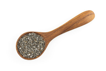 chia seeds on spoon on white background.