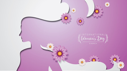 International Women's Day poster, banner, flyer. Silhouette of woman in paper cut out style and some flowers decoration.