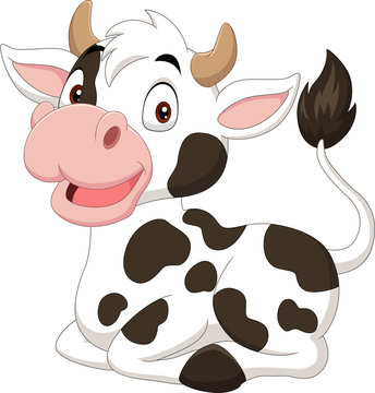 Cartoon funny cow sitting on white background