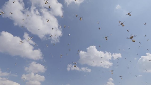 Hundreds of shipping drones flying with packages attached to them; the future of shipping, CGI