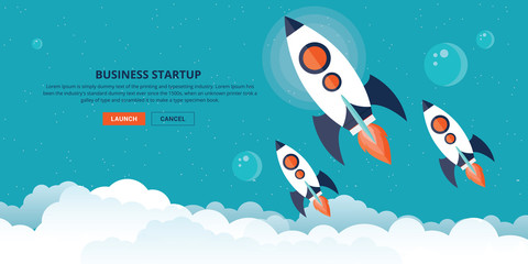 Flying Rocket Business Startup Concept Banner