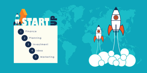 Startup business design concept with rocket
