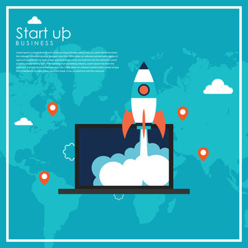 Startup business design concept with rocket