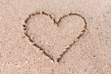 Heart shape hand drawing on the sand at beach.Concept valentine day ,love ,Wedding ,Marry.